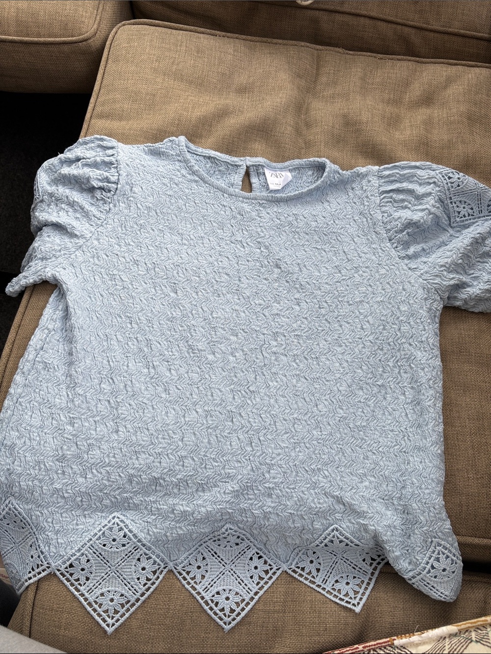 Zara Pale Blue Textured Puff-Sleeve Top with Lace Hem
